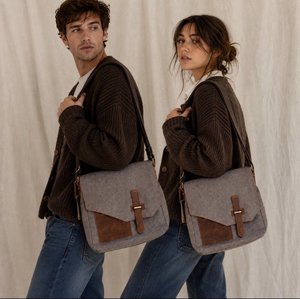 NWT VASCHY Canvas Leather Messenger Bag Gray Vintage Crossbody